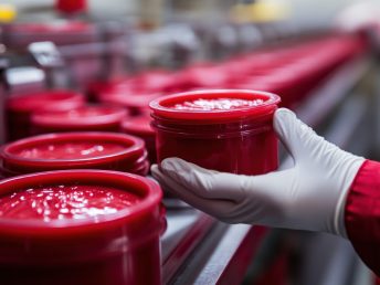 red pigment manufacturing process: a close up view of containers filled with vibrant red substance during production